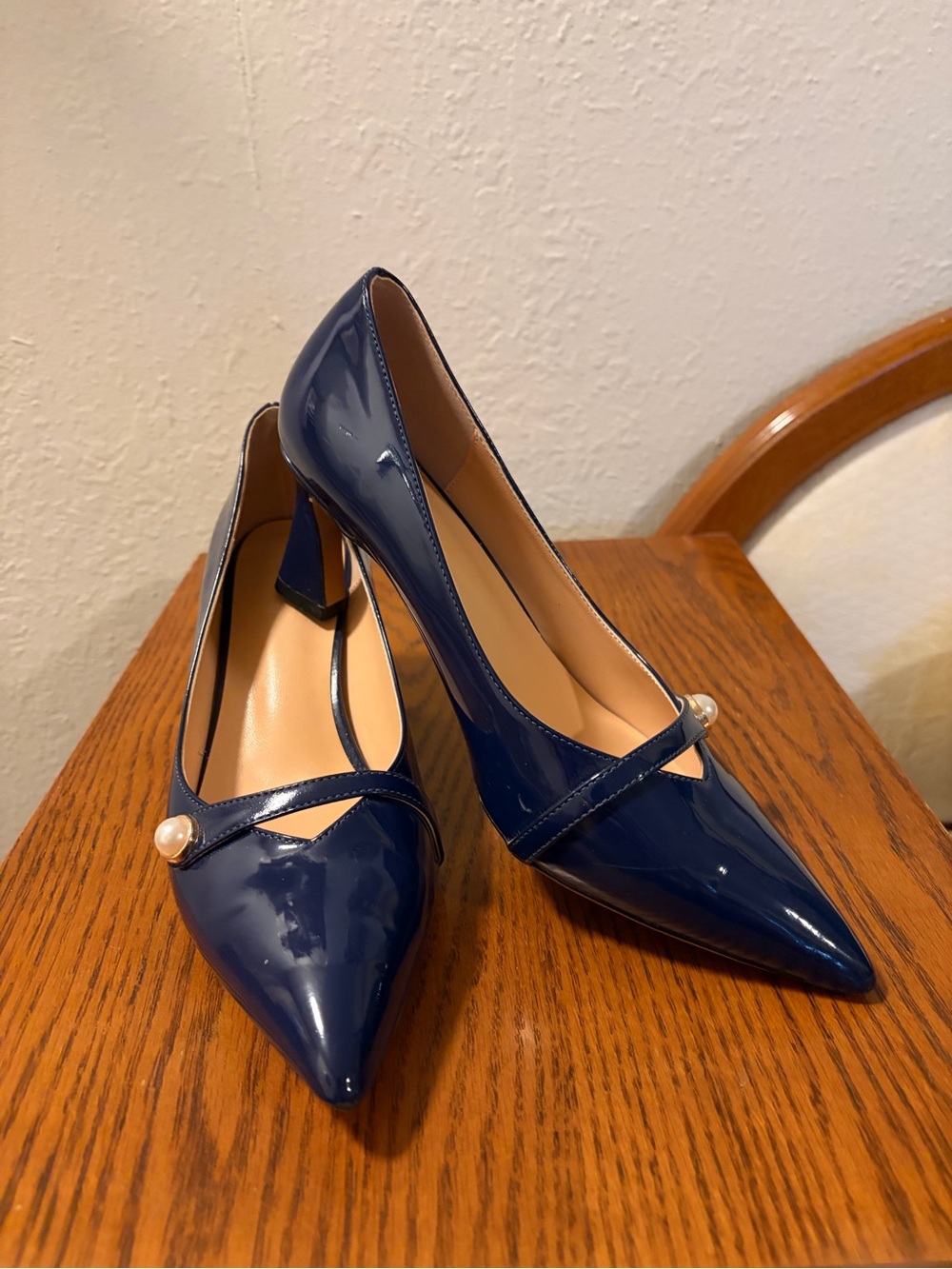 Navy Patent Pointed-Toe Pumps with Pearl Accent - Women's Shoes